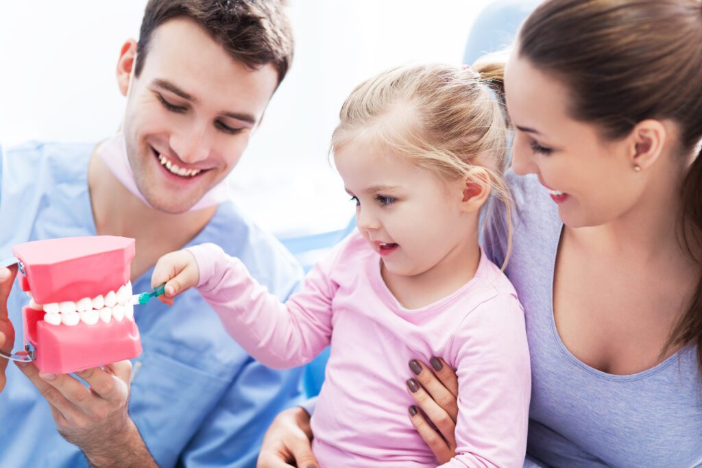 dental work for children
Dentist teaching girl how to brush teeth